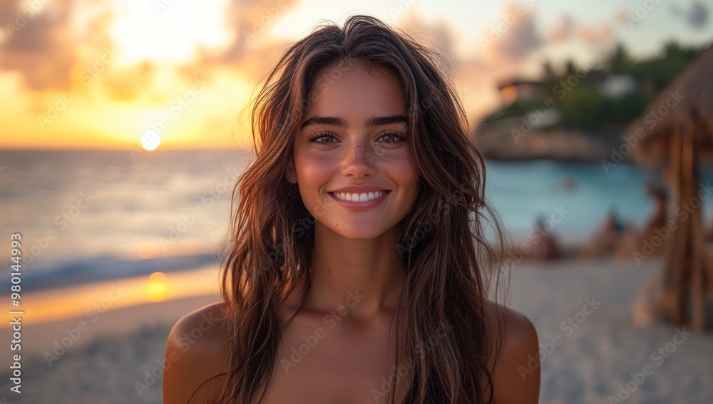 Poster Woman Smiling at Sunset on Beach