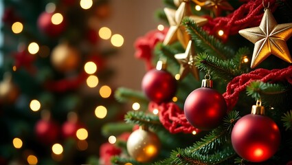 Obraz premium A decorated Christmas tree with red and gold ornaments, lit with warm lights