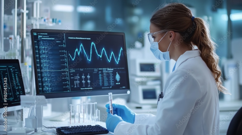 Poster a woman wearing a lab coat, gloves, and a face mask sits in a lab. she is looking at a computer scre