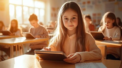 A focused girl using a tablet in a bright classroom setting, surrounded by classmates engaged in digital learning.