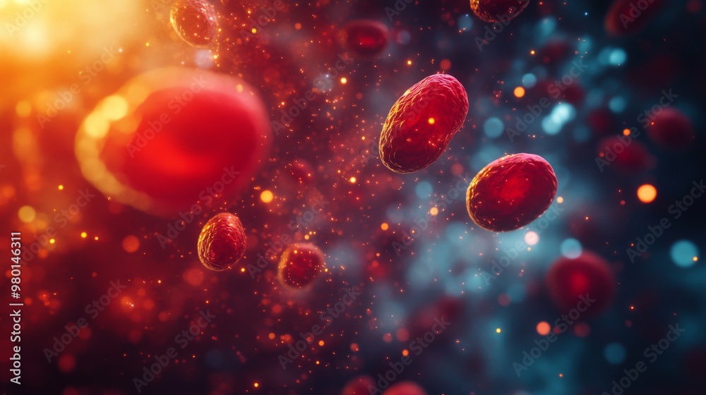 Aufkleber A microscopic view of red blood cells floating in a fluid with a warm glow in the background.