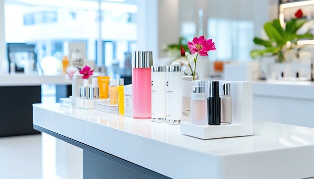 A beauty salons counter with various skincare and makeup products displayed