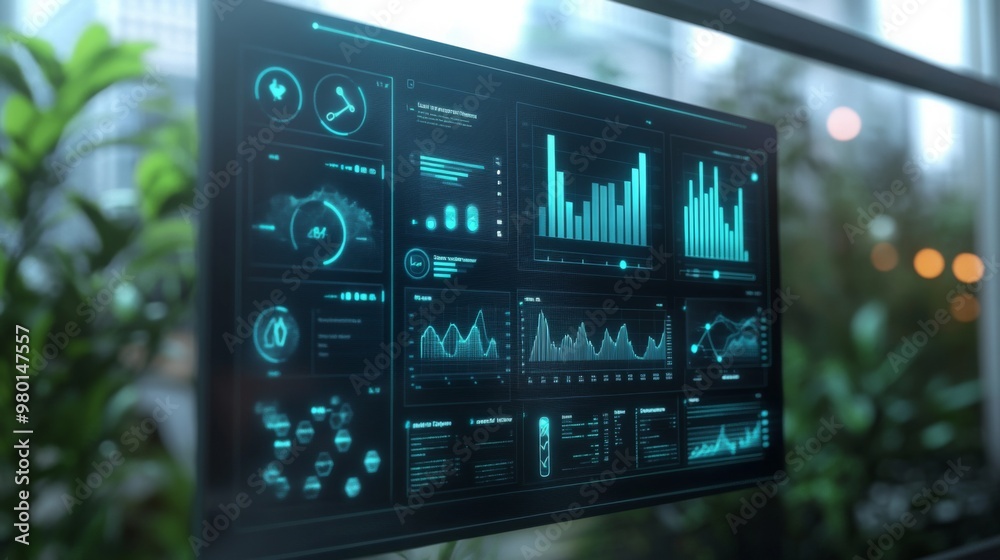 Poster a sleek digital screen mounted on a glass wall showcases various analytics and statistics in vibrant