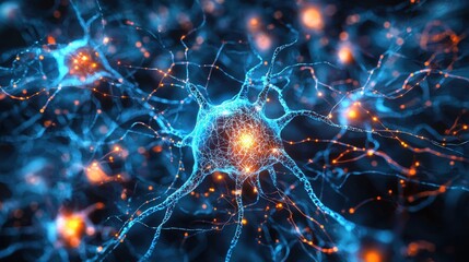 Interwoven neural connections, glowing lines branching out like a web of light, symbolizing the complex communication between synapses and the brain's intricate system of processing information.