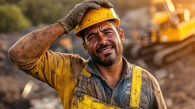 A hardworking construction worker smiles while wearing a yellow helmet and dirty overalls on a job site.