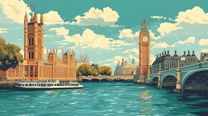 Naklejka premium A picturesque view of the Houses of Parliament and Big Ben, with a boat on the Thames River in London.