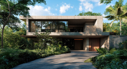 Naklejka premium Modern two-story house with a concrete facade, front view, surrounded by trees and plants