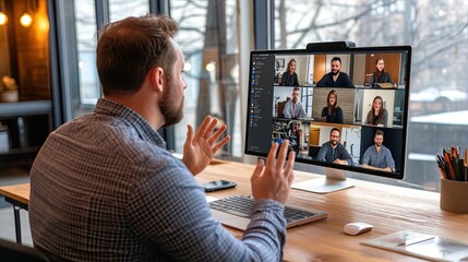 A man participates in a virtual meeting through video conferencing on a large screen, engaging with remote colleagues.