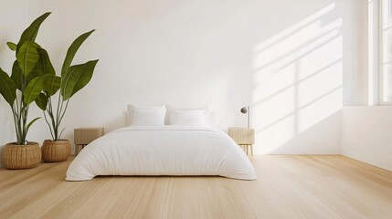 Fototapeta premium A minimalist bedroom featuring a spacious bed, natural light, and indoor plants, creating a serene and cozy atmosphere.
