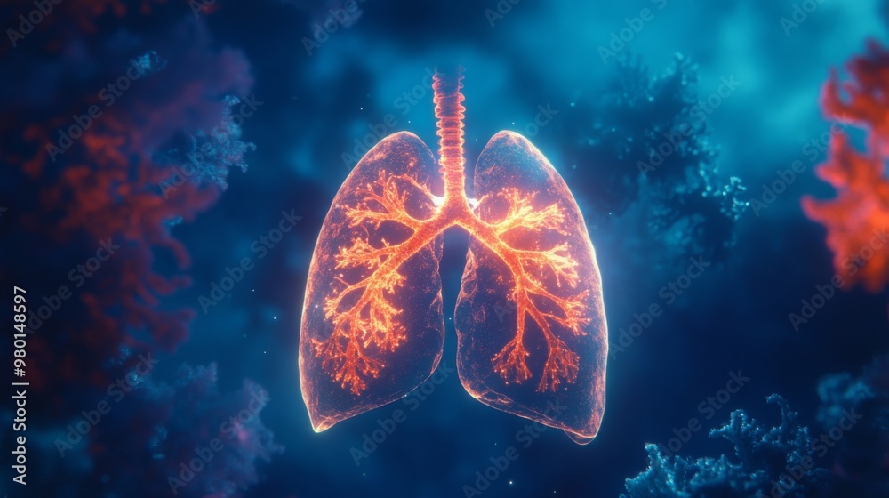 Aufkleber a translucent digital rendering of the human respiratory system is shown against a blue background