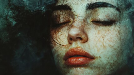 Distorted abstract portrait of a woman, her face melting into soft lines and shadows, conveying deep sorrow and vulnerability, with dark tones emphasizing her emotional weight. realistic photo