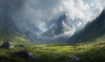 Fototapeta premium Mountain valley with green meadows and a cloudy sky.