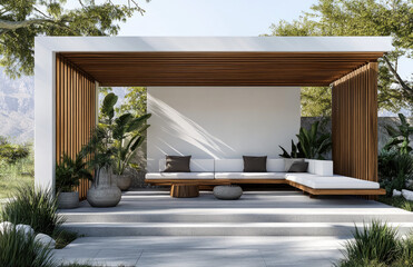A modern, white and wood outdoor seating area with an attached wooden pergola, surrounded by lush greenery, is perfect for relaxation in the sun or shade.