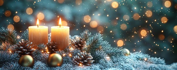 Christmas background with a glowing cluster of candles placed atop a bed of frosted pine needles, twinkling fairy lights, and shimmering gold ornaments, creating a festive, serene ambiance filled