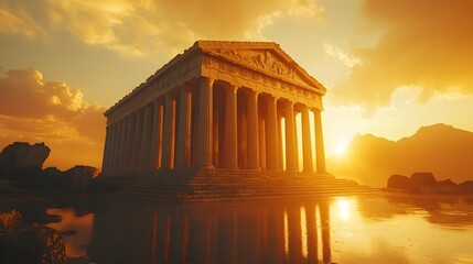 Obraz premium Majestic Doric columns and intricate pediments of a Greek temple at sundown