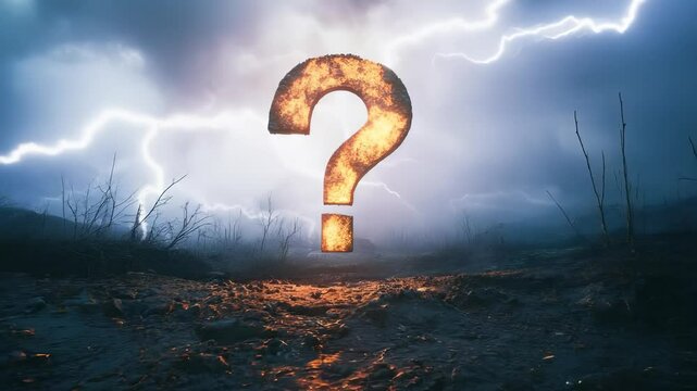Glowing Question Mark in Stormy Landscape with Lightning Flashes