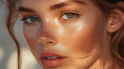 Fototapeta premium Close-up portrait of a young woman with freckles and natural makeup.