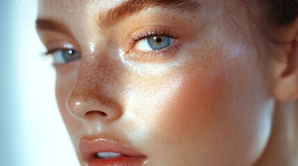 Close-up portrait of a young woman with freckles and blue eyes.