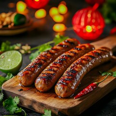 Close-up of grilled Sai Ua sausage, Chiang Mai sausage - traditional food of northern Thailand, northeastern Myanmar and northern Laos. Yi Peng Festival food. Backdrop with Yi Peng festival lanterns