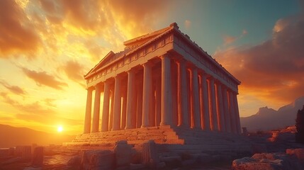 Obraz premium Towering Doric columns of a Greek temple silhouetted against the sunset