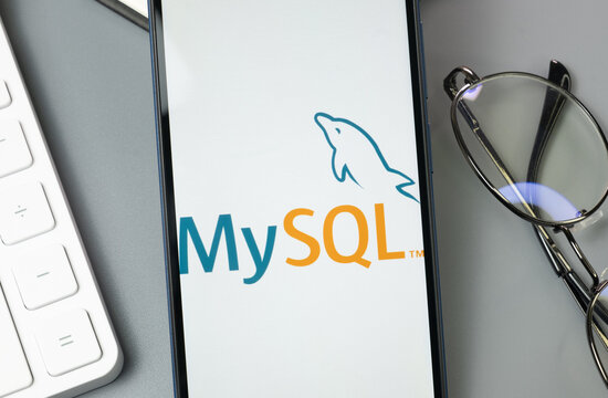 New York, USA - 30 August 2024: MySQL Logo on Phone Screen, Company Icon on Display