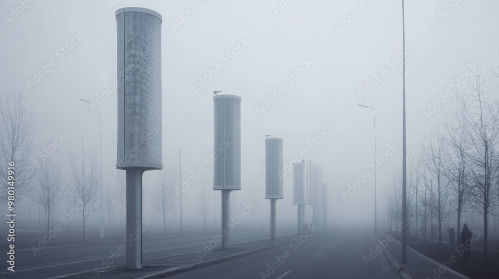 Poster a quiet urban street enveloped in thick fog features tall cylindrical structures lining each side. t