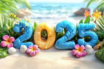 Fototapeta premium Tropical beach scene with vibrant 2025 ice sculpture and flowers. AI
