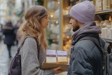 Young couple sharing gift in outdoor winter market scene. AI