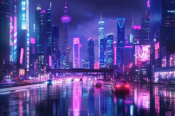 Obraz premium A wet, neon-lit city street with tall skyscrapers reflecting in the puddles.
