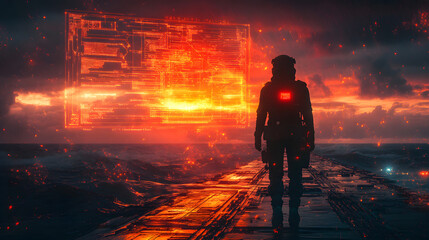 A futuristic scene featuring a solitary figure in a high-tech suit, standing by the ocean against a vibrant digital backdrop.