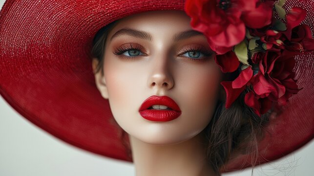 Beautiful woman wearing a luxurious red hat with floral embellishments, her red lips enhancing her poised and stylish look, capturing the elegance of a devoted sports fan. realistic photo