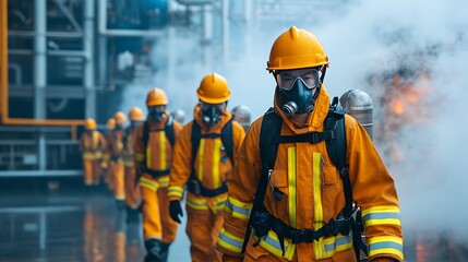 Workers conducting a fire drill near an emergency assembly point, practicing safety protocols.