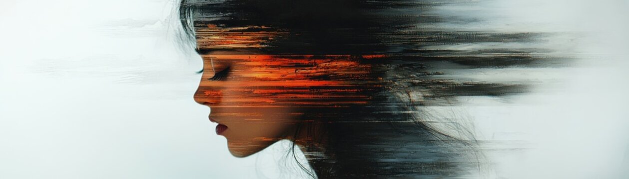 Depressed woman portrayed in abstract form, her face partially obscured by streaks of muted colors, creating an emotional landscape of sadness and detachment. realistic photo