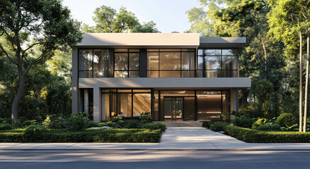 Fototapeta premium Modern two-story house with a concrete facade, front view, surrounded by trees and plants