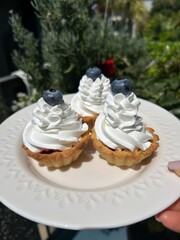 The image displays three delicate shortbread basket cookies beautifully presented on a white, decorative plate. Each cookie is topped with a generous swirl of white whipped cream.