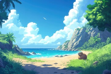 Tranquil beach scene with blue sky and rolling waves. AI