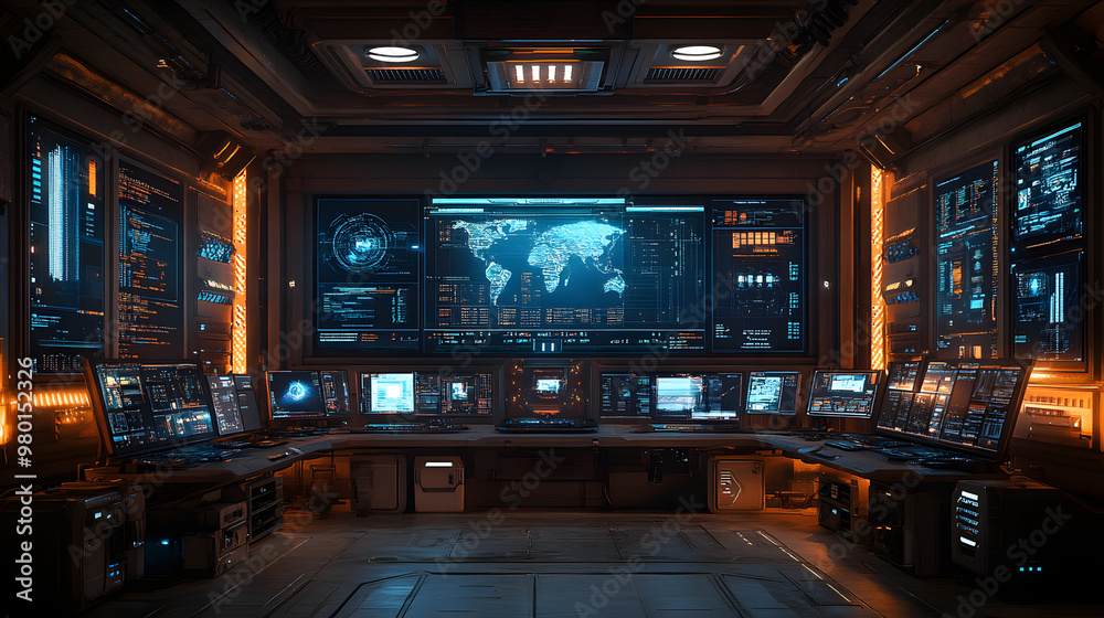 Poster futuristic control room with multiple screens displaying data and maps, illuminated with ambient lig