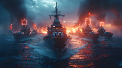 Fototapeta premium Futuristic naval battle scene with dramatic warships navigating through fiery smoke and turbulent waters under a stormy sky.