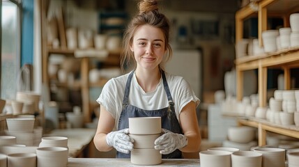 A smiling woman showcases her pottery skills in a bright workshop, surrounded by handmade ceramic pieces and a creative atmosphere.