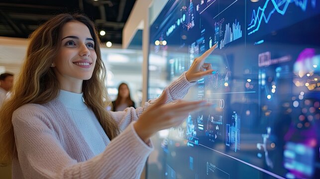 A smiling woman engages with a digital display, exploring data and technology at a modern exhibition or conference.