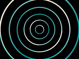 an abstract background with a black background and teal and white circles. The circles are arranged in a concentric pattern.