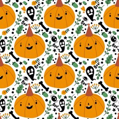 Halloween cute pumpkins seamless monsters pattern for wrapping paper and fabric