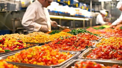 Obraz premium Food Processing: Involves changing raw ingredients into food products using techniques like cooking, drying, and fermentation to improve safety, shelf life, and flavor. 