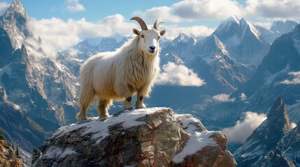 Fototapeta premium A white mountain goat stands on a rocky mountain peak overlooking a vast, snow-capped mountain range.
