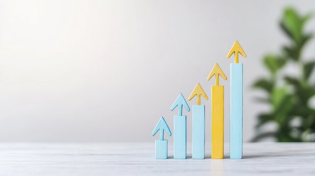 Bar graph with upward trend, arrows pointing up, concept of financial success and growth