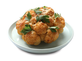 Delicious baked cauliflower with parsley isolated on white