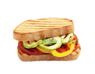 Tasty sandwich with grilled vegetables isolated on white
