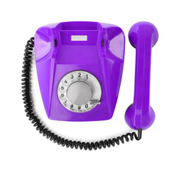 Old violet telephone with rotary dial isolated on white, top view