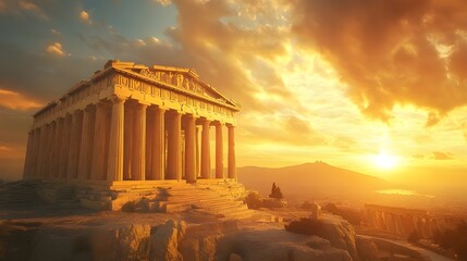 Obraz premium Classic Greek temple façade with Doric columns among olive trees and skies