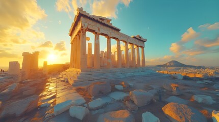 Greek temple front showcasing Doric columns and surrounded by olive trees